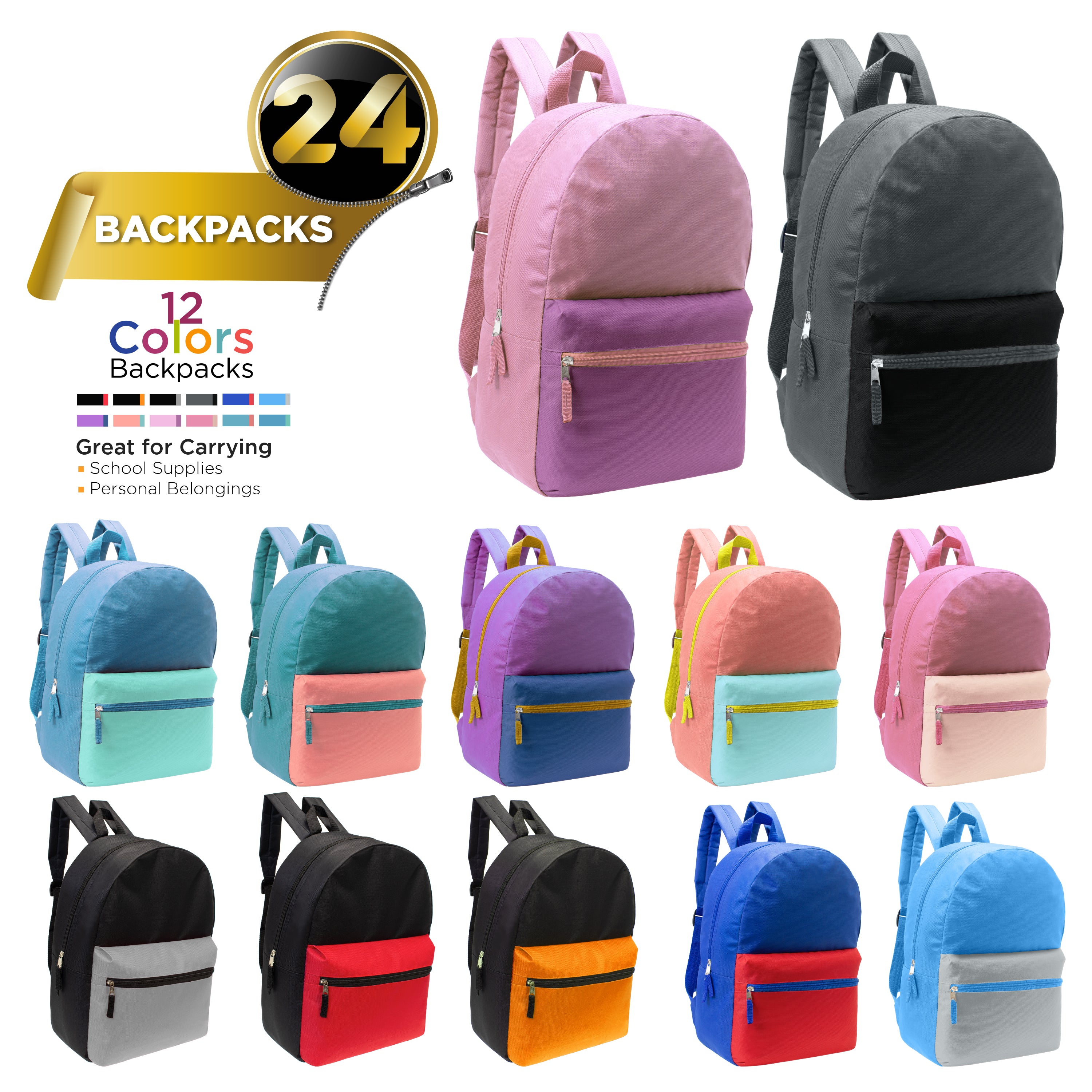 bulk backpacks in 12 two tone colors SKU: BAPA-284-24