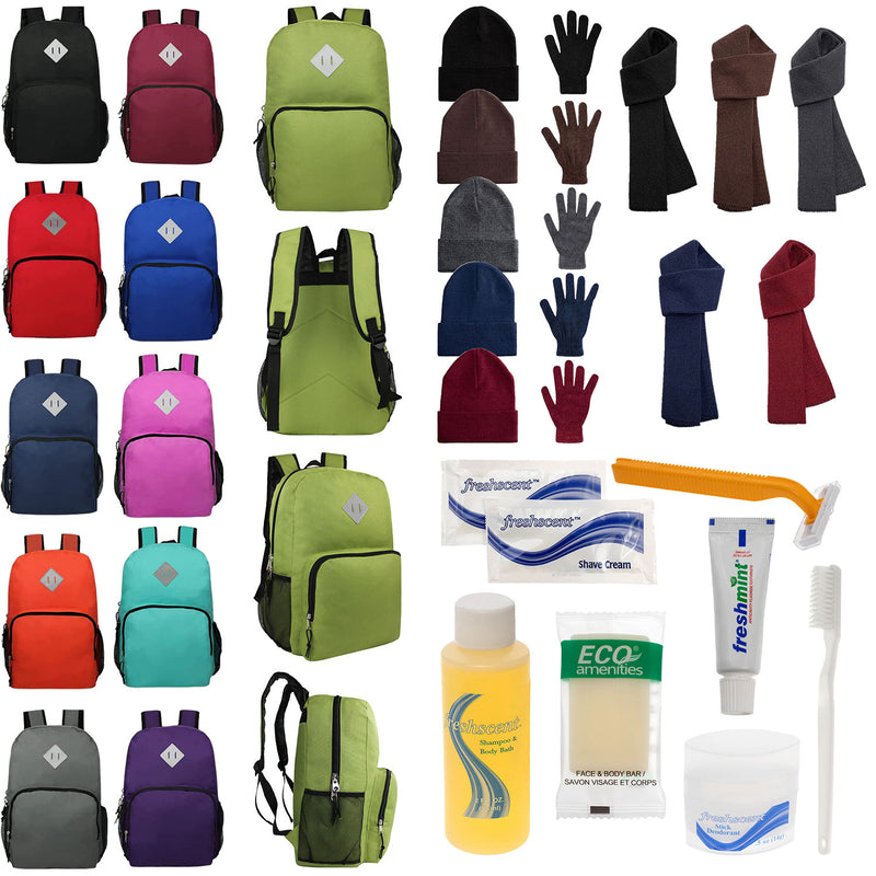 Bulk Case of 12 18" Backpacks and 12 Winter Item Sets and 12 Hygiene Kits - Wholesale Care Package - Emergencies, Homeless, Charity
