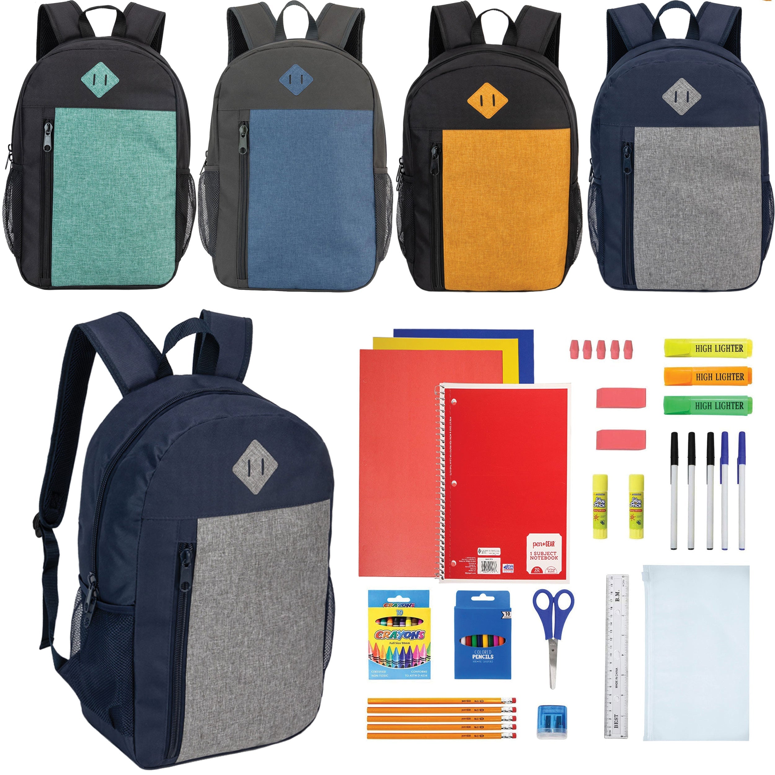 19" Padded Back Wholesale Backpacks in 4 Multi-Colors & 12 Bulk School Supply Kits of Your Choice