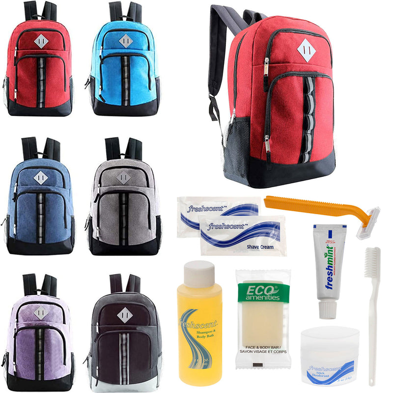 Bulk Case of 12 18" Backpacks and 12 Hygiene & Toiletries Kit - Wholesale Care Package - Disaster Relief Kit, Homeless, Charity