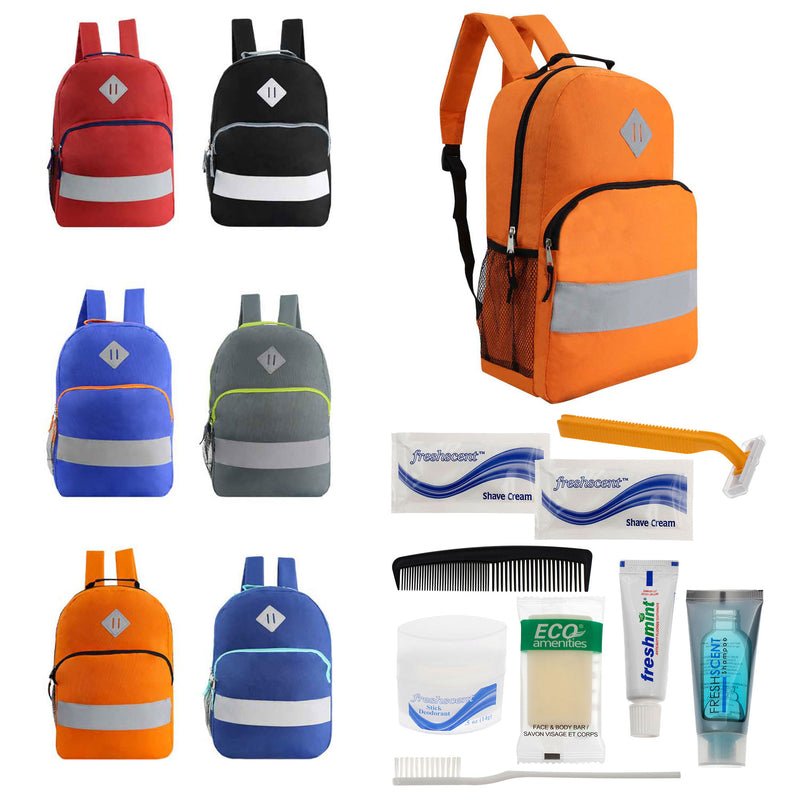 Bulk Case of 12 Reflective Backpacks and 12 Hygiene 9 Piece Kits - Wholesale Care Package - Disaster Relief Kit, Homeless, Charity