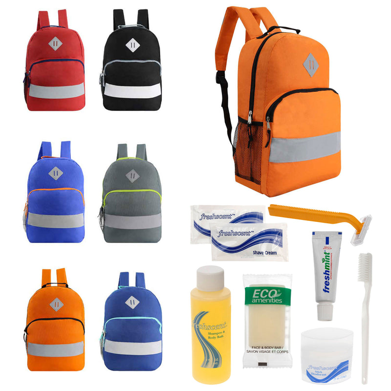 Bulk Case of 12 Reflective Backpacks & 12 Hygiene Kits - Wholesale Care Package - Disaster Relief Kit, Homeless, Charity