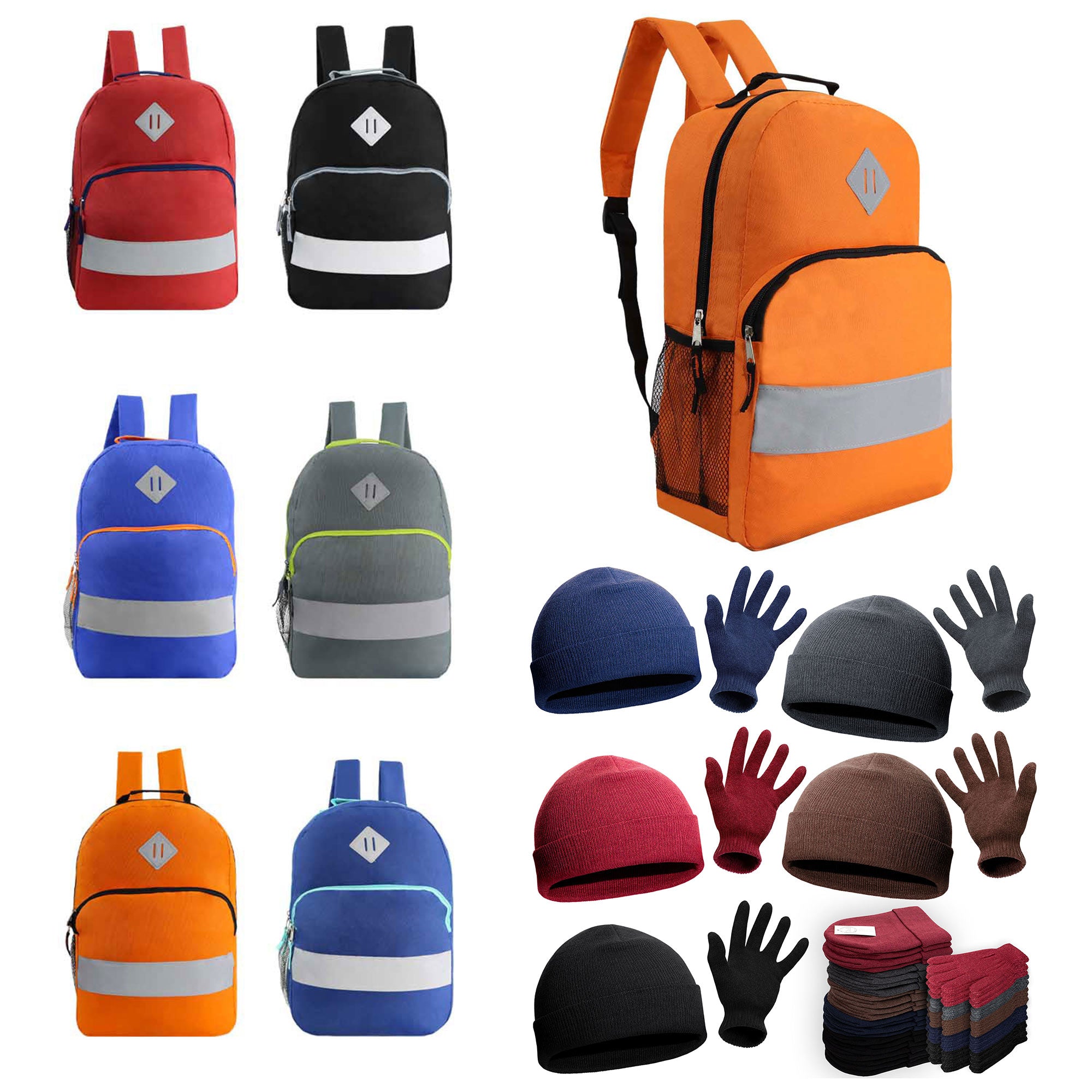 Bulk Case of 12 Reflective Backpacks and 12 Winter Item Sets | Wholesale Care Package - Emergencies, Homeless, Charity