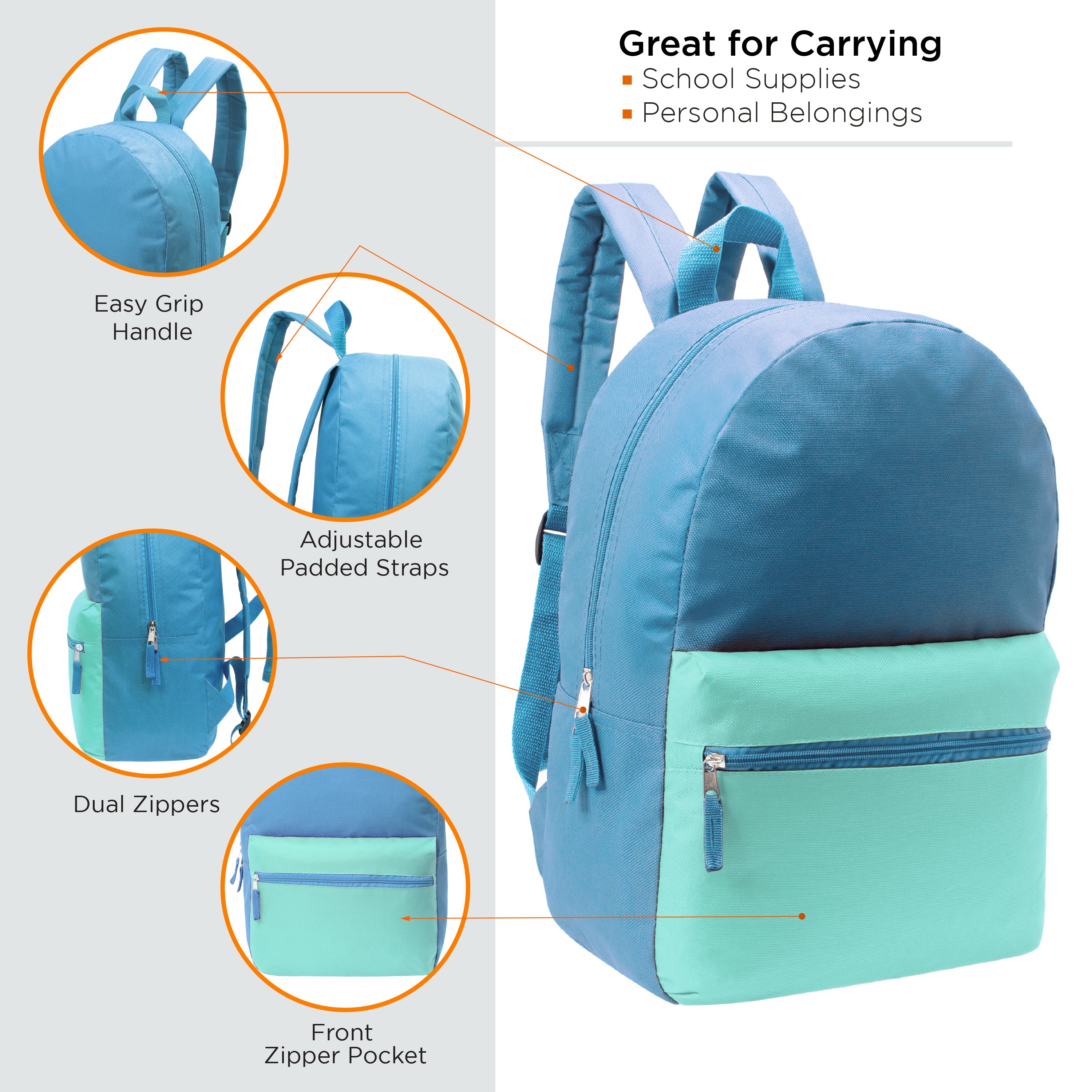 17" Girls Basic Wholesale Backpack in 6 Two Tone Color Combinations - Bulk Case of 24 Backpacks