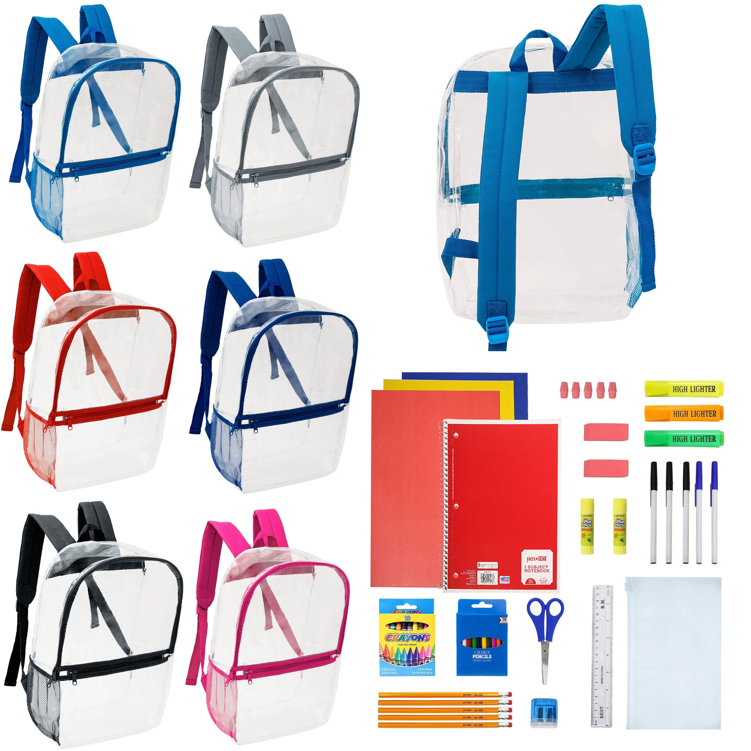 17" Clear Wholesale Backpacks in Assorted Colors & 12 Bulk School Supply Kits of Your Choice
