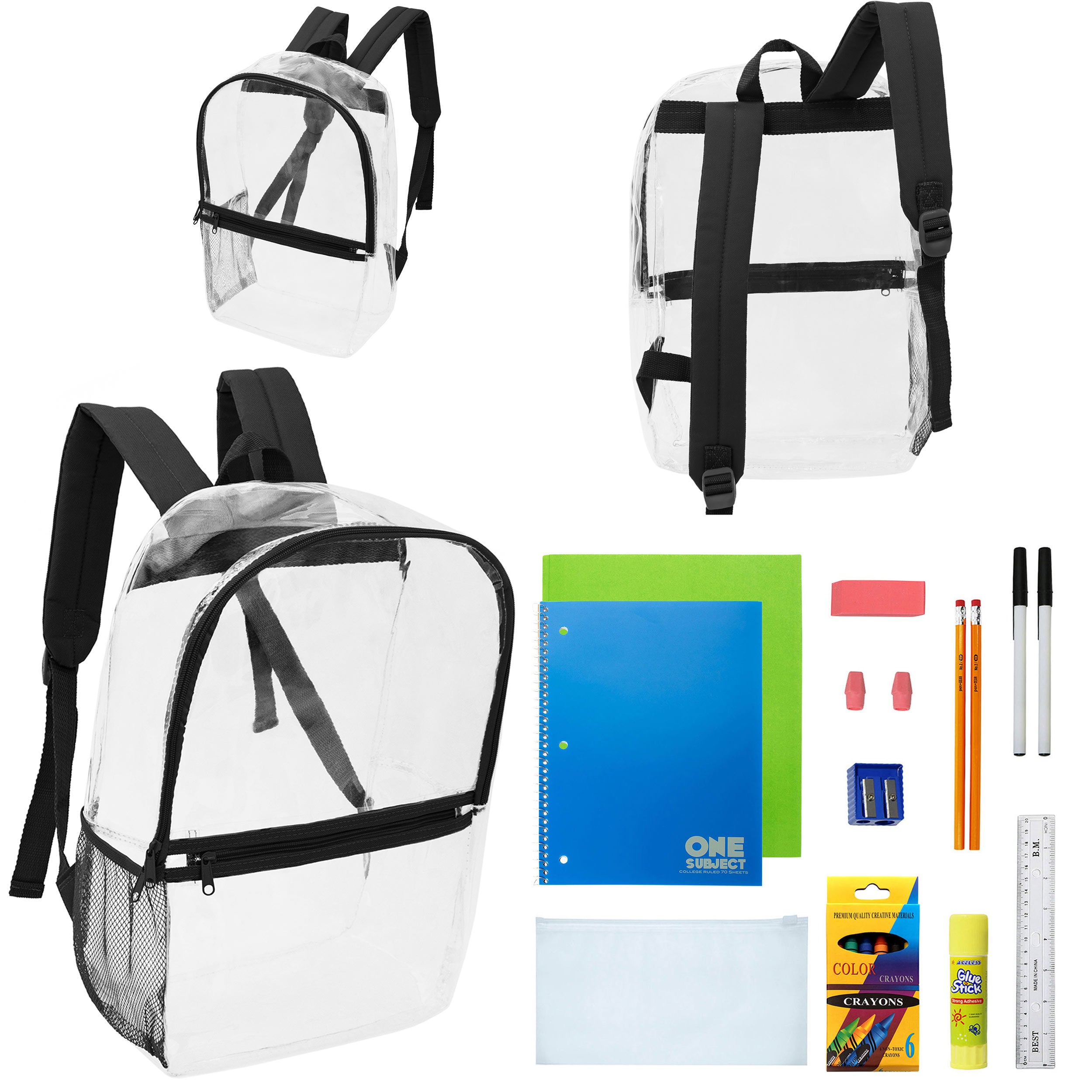 17" Clear Wholesale Backpacks with Black Trim & 12 Bulk School Supply Kits of Your Choice