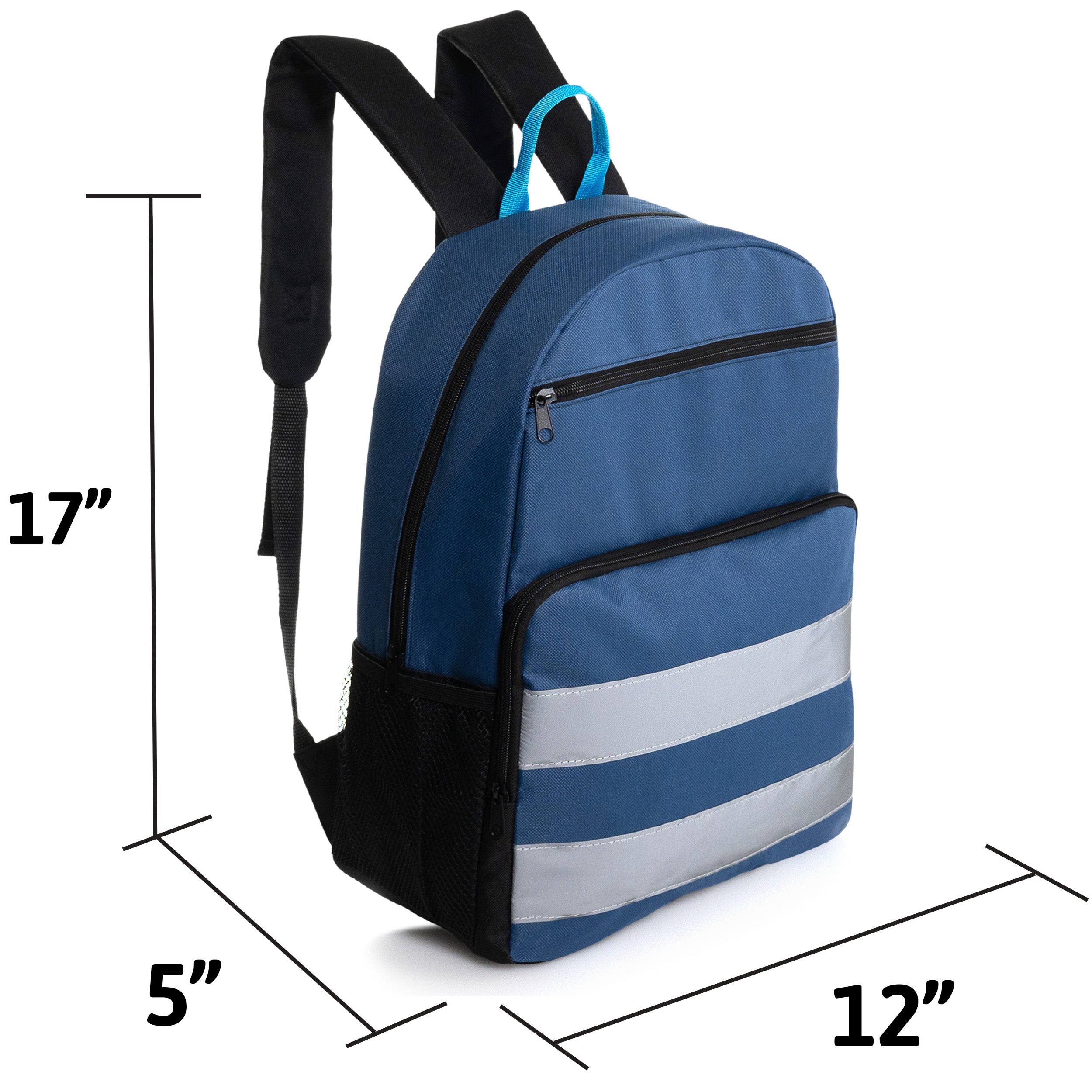 17" Wholesale Backpack with Reflective Stripes in 6 Colors - 2 Side Pockets - Bulk Case of 24 Bookbags
