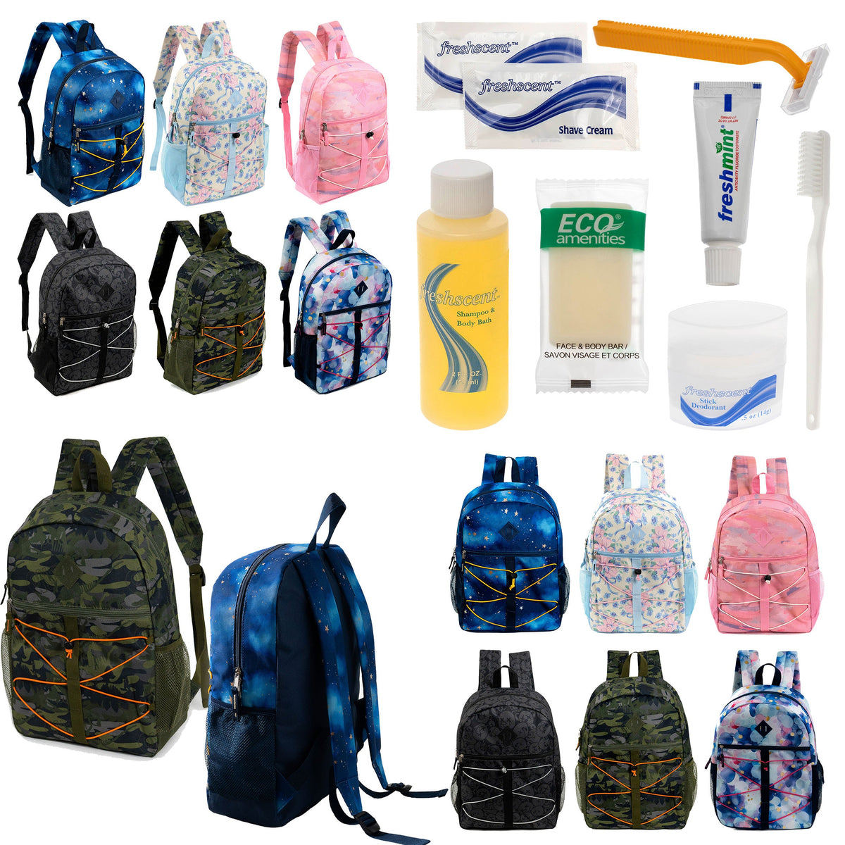12 Bungee 17" Backpacks in Assorted Prints & Your Choice of 12 Bulk Hygiene Kits - Wholesale Care Package: Homeless, Emergency, Charity