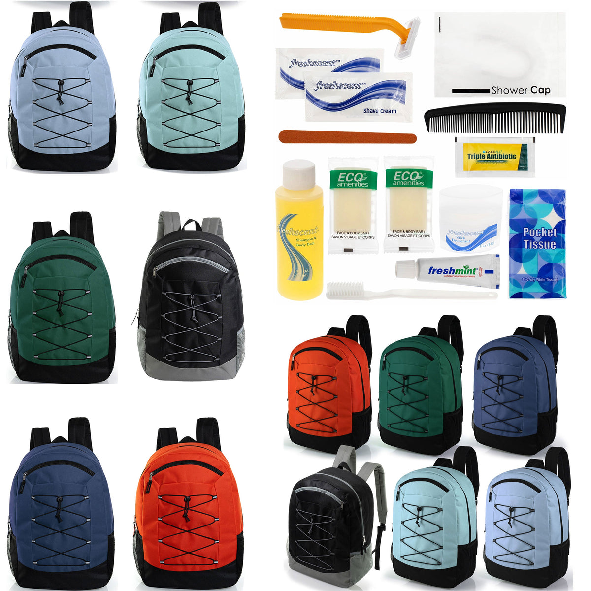 12 Deluxe Padded Large 19" Backpacks with a Laptop Sleeve & Your Choice of 12 Bulk Hygiene Kits - Wholesale Care Package: Homeless, Emergency, Charity