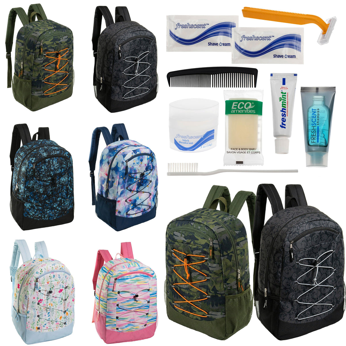 12 Large Premium Padded 19" Patterned Backpacks with a Laptop Sleeve & Your Choice of 12 Bulk Hygiene Kits - Wholesale Care Package: Homeless, Emergency, Charity