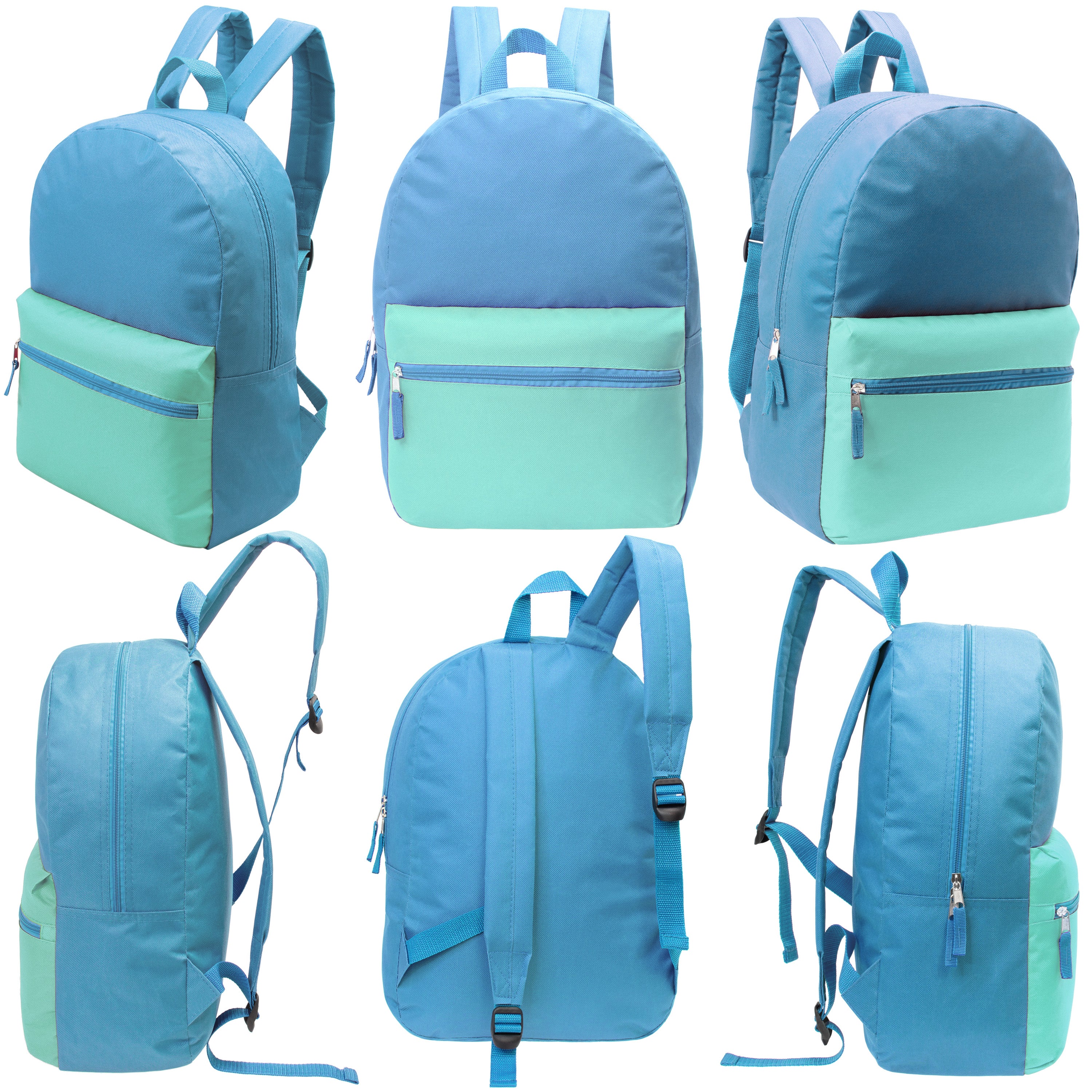 17" Girls Basic Wholesale Backpack in 6 Two Tone Color Combinations - Bulk Case of 24 Backpacks