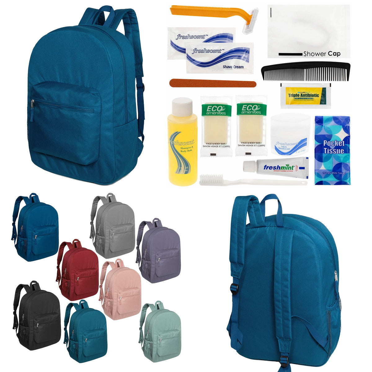 12 Padded Premium Quality 17" Backpacks & Your Choice of 12 Bulk Hygiene Kits - Wholesale Care Package: Homeless, Emergency, Charity