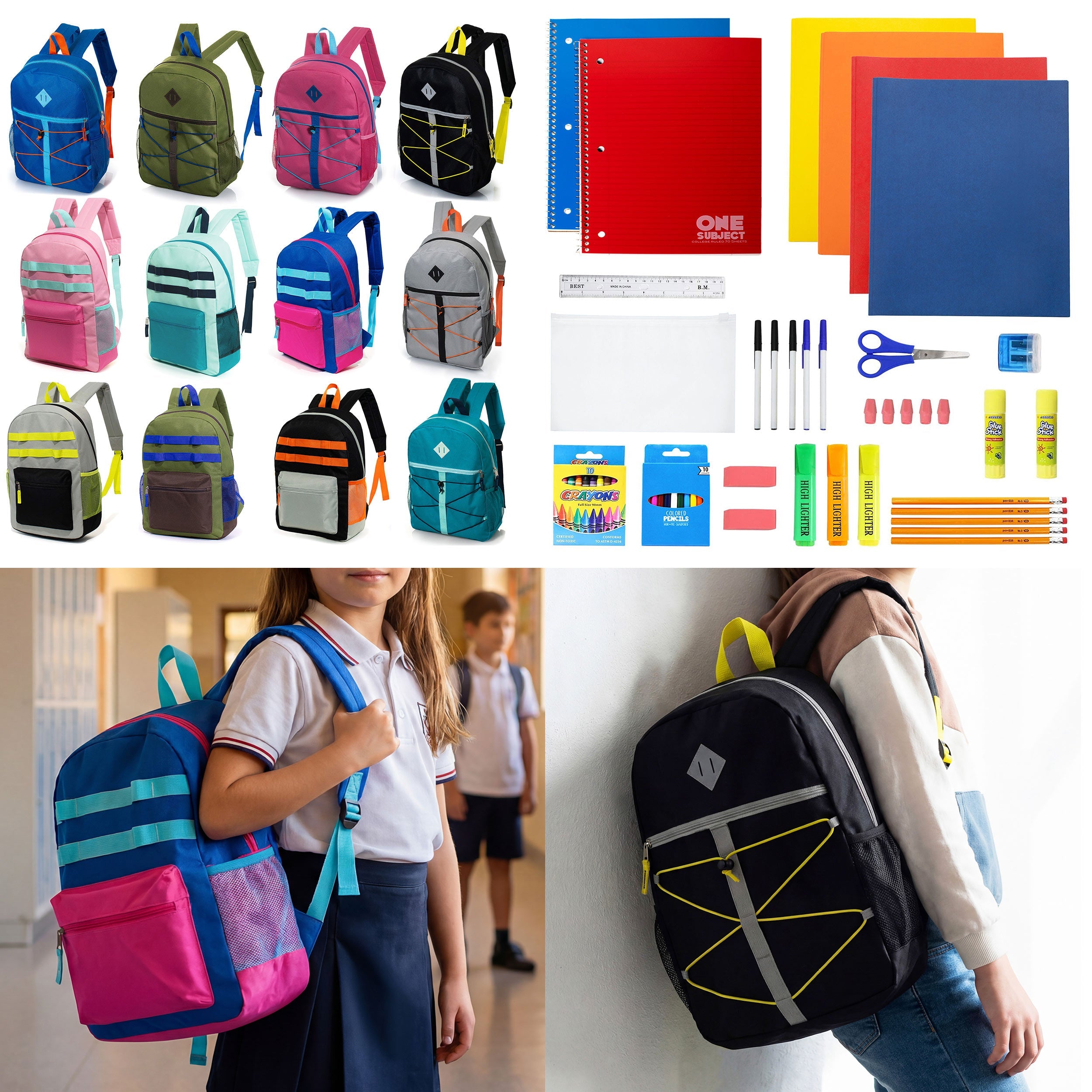 12 Wholesale 17" Backpacks in Assorted Colors and Prints & 12 Bulk School Supply Kits of Your Choice