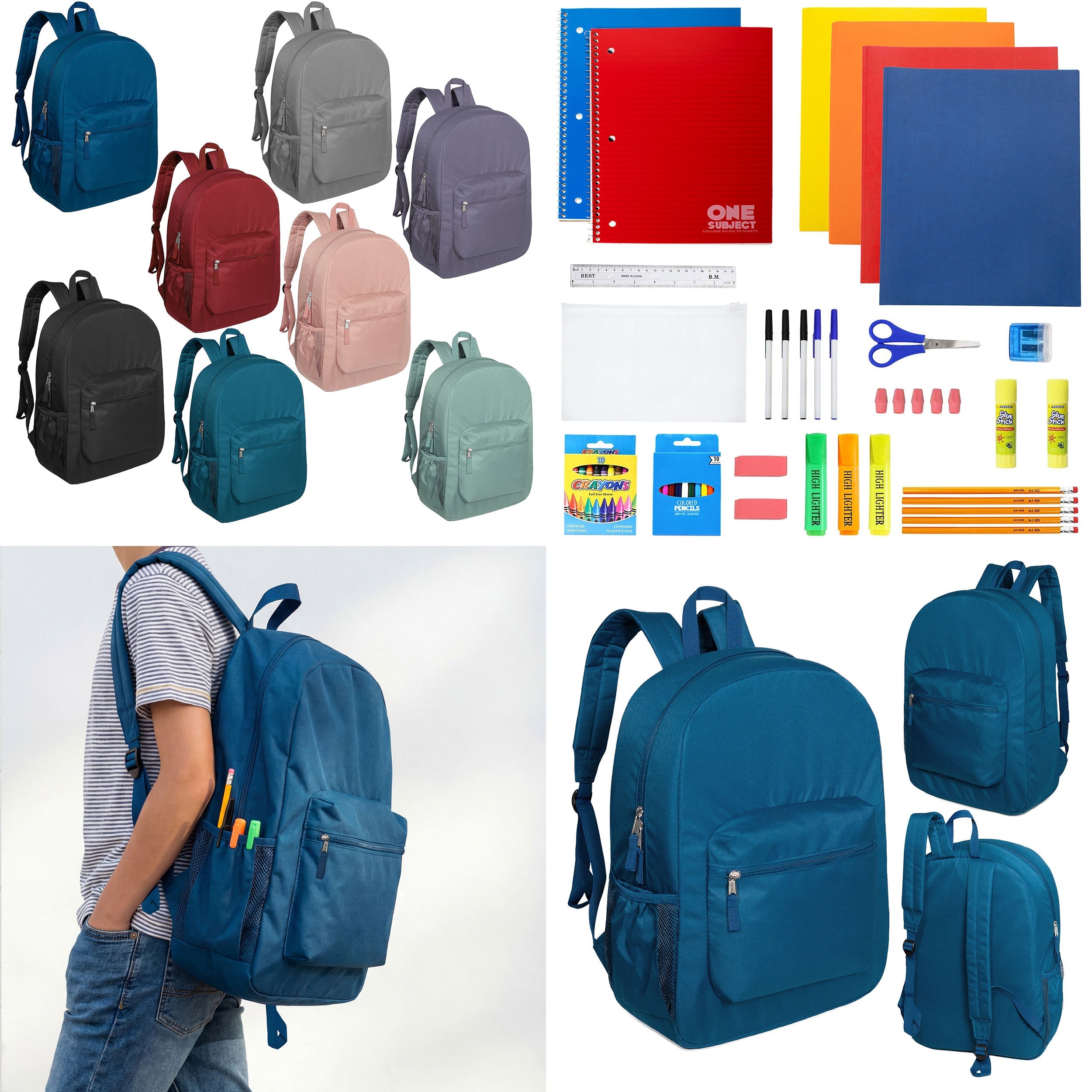 12 Wholesale 17" Padded Deluxe Backpacks & 12 Bulk School Supply Kits of Your Choice