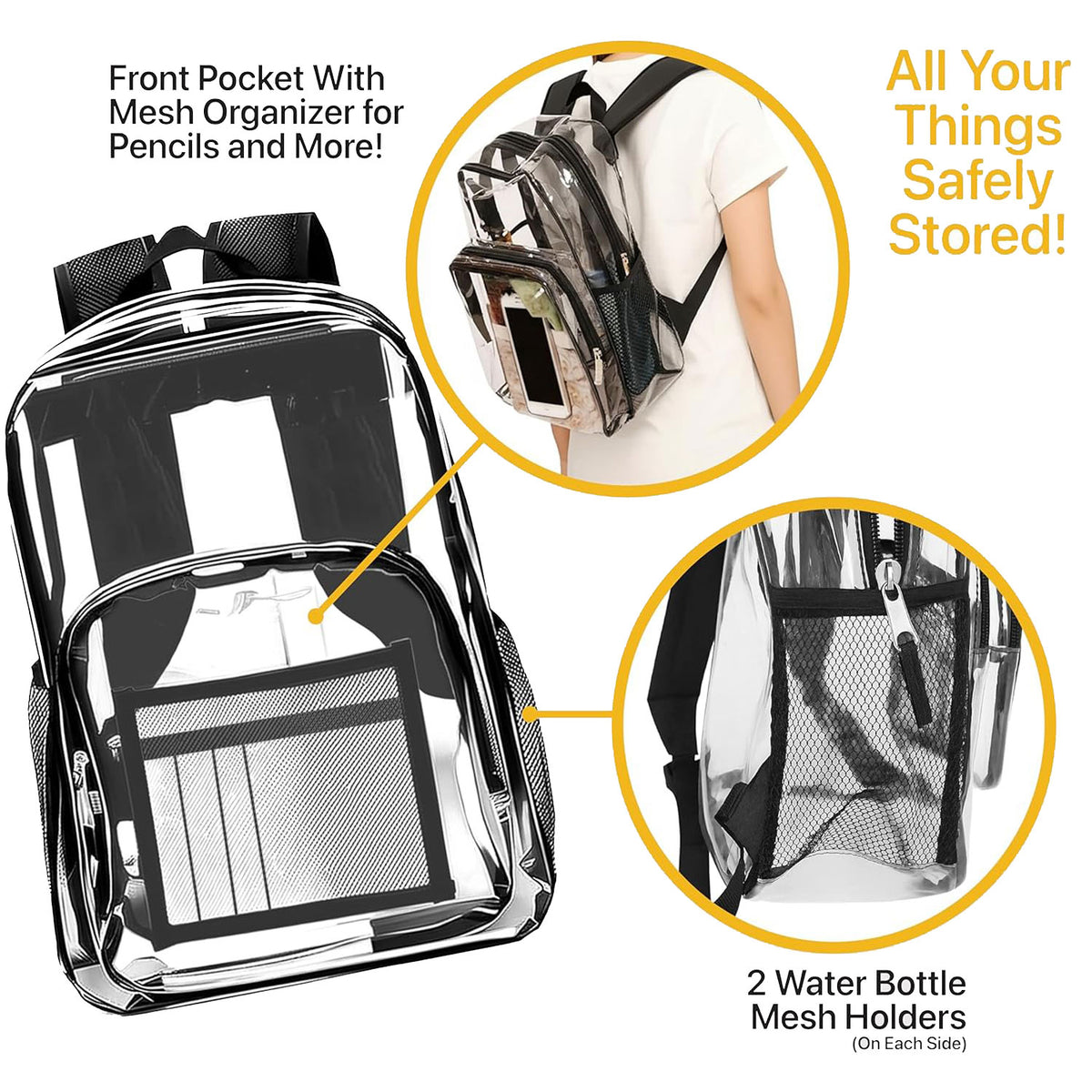 Clear Wholesale 17" Backpacks w/Black Trim - Mesh Side Pockets - Durable Transparent PVC - Bulk Case of 24