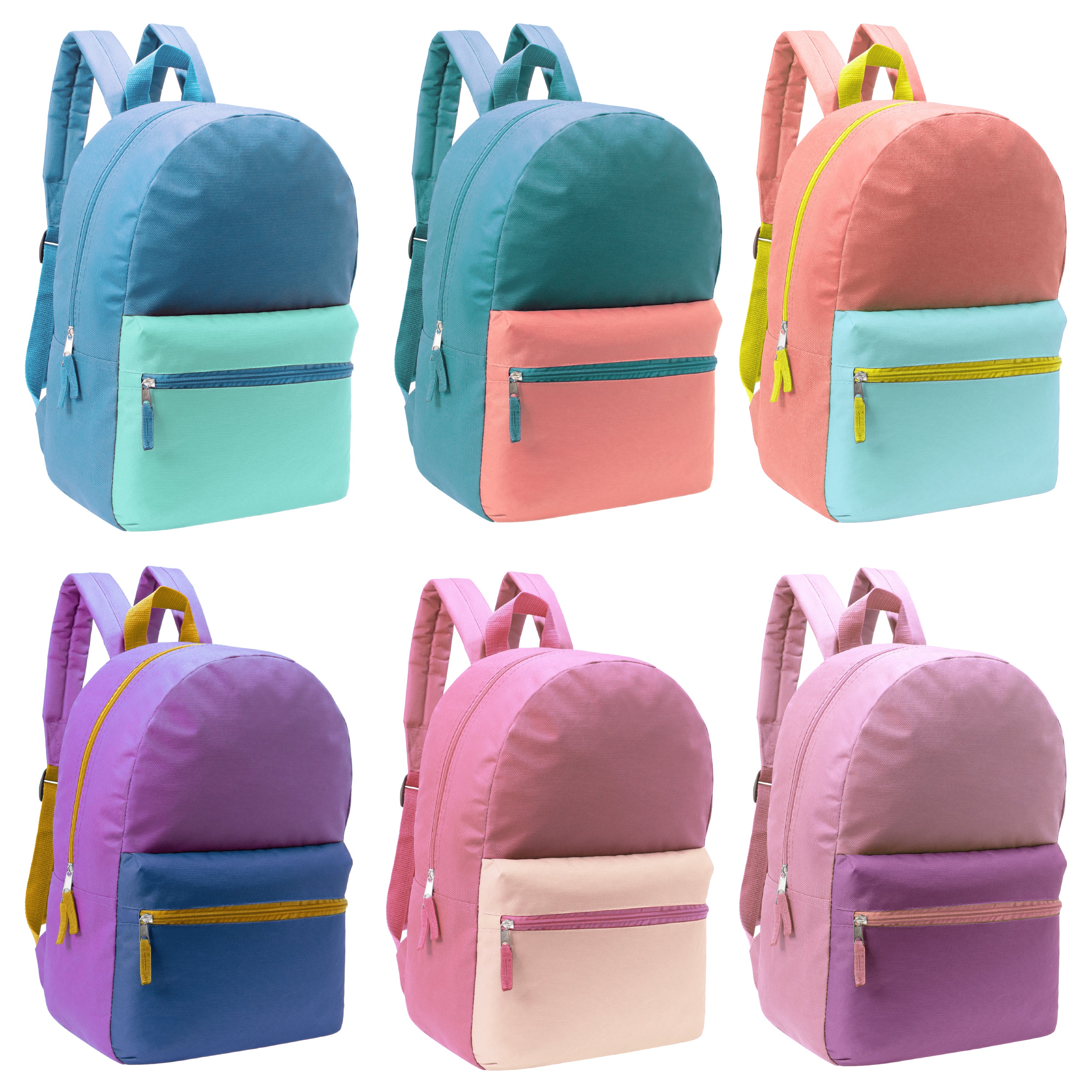 17" Girls Basic Wholesale Backpack in 6 Two Tone Color Combinations - Bulk Case of 24 Backpacks