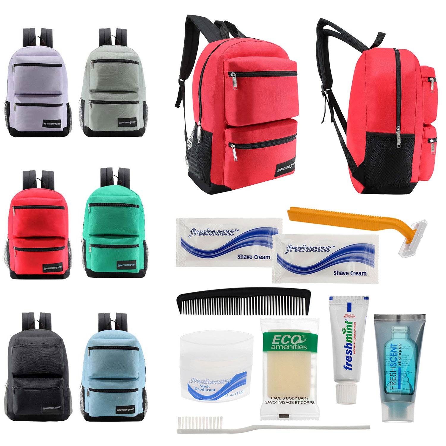 Bulk Case of 12 Backpacks and 12 Hygiene & Toiletries Kit - Wholesale Care Package - Disaster Relief Kit, Homeless, Charity