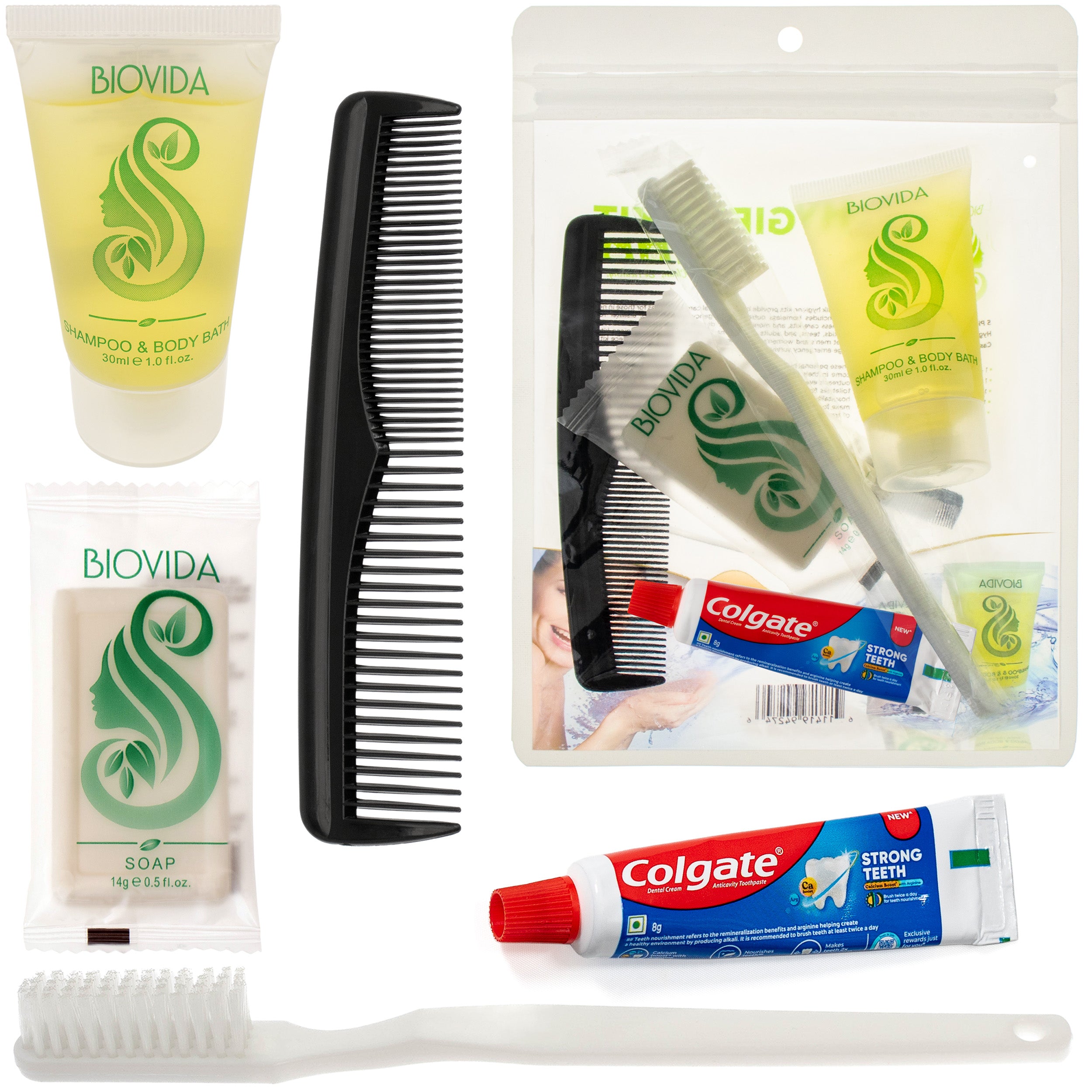 5 Piece Biovida Basic Wholesale Hygiene Kits With Colgate Toothpaste - Bulk Toiletry Supplies - Case of 96