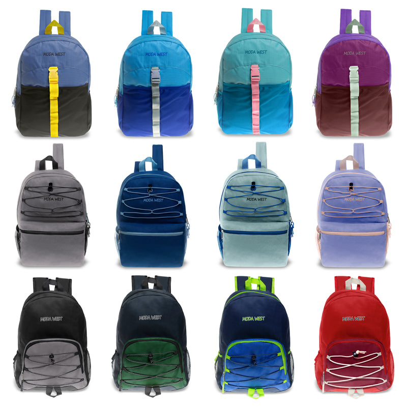 assorted style 17 inch backpacks in bulk bungee cord design