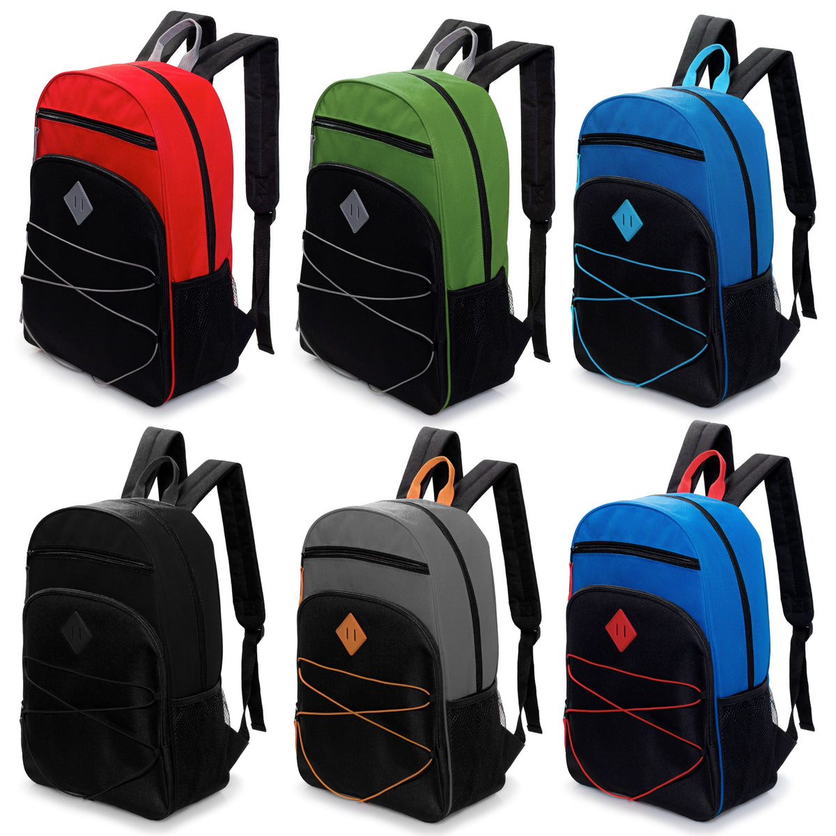 12 Bungee Style 17" Backpacks w/Side Pockets & Your Choice of 12 Bulk Hygiene Kits - Wholesale Care Package: Homeless, Emergency, Charity