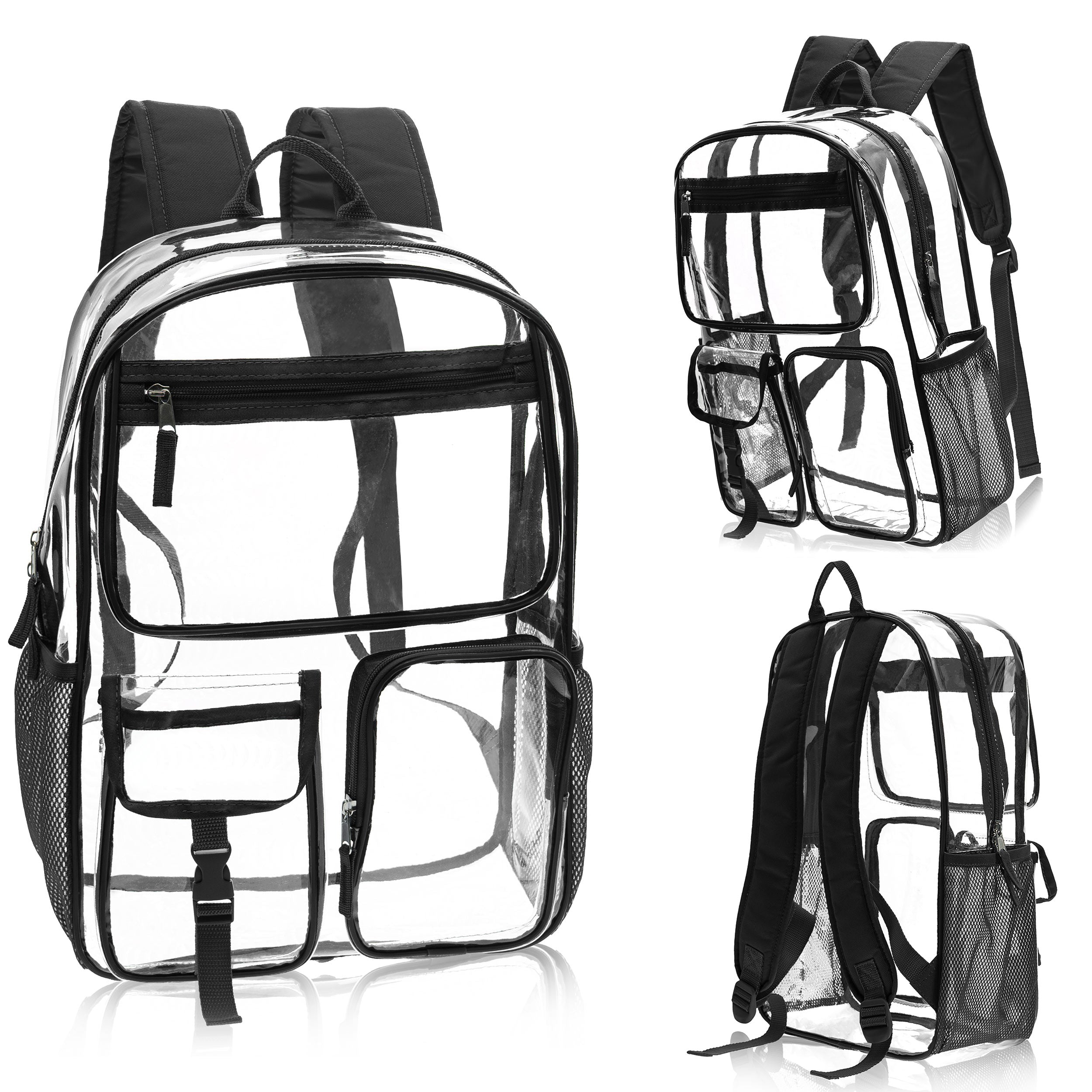 17" Premium Wholesale Clear Backpacks with Black Trim - Bulk Case of 24 Transparent Bookbags