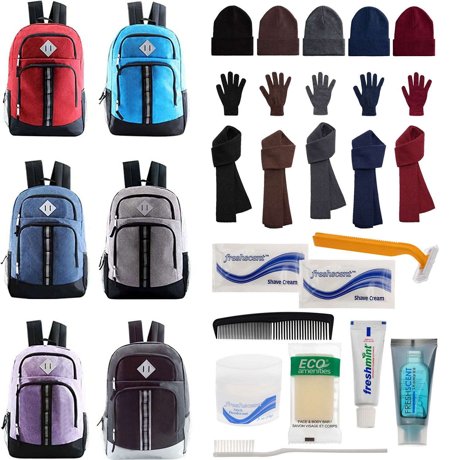 Bulk Case of 12 18" Backpacks and 12 Winter Item Sets and 12 Hygiene Kits - Wholesale Care Package - Emergencies, Homeless, Charity