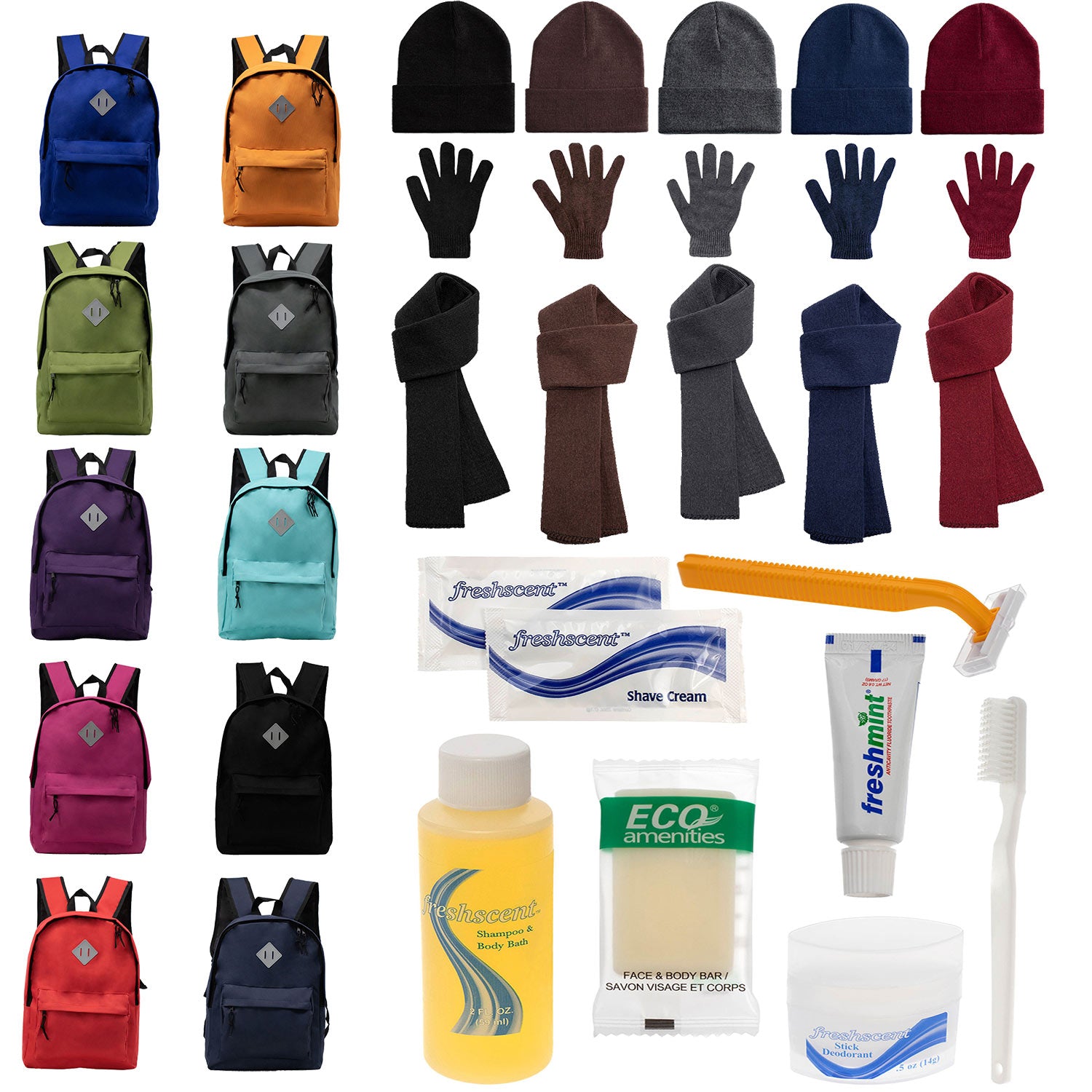 Bulk Case of 12 Backpacks and 12 Winter Item Sets and 12 Hygiene Kits - Wholesale Care Package - Emergencies, Homeless, Charity