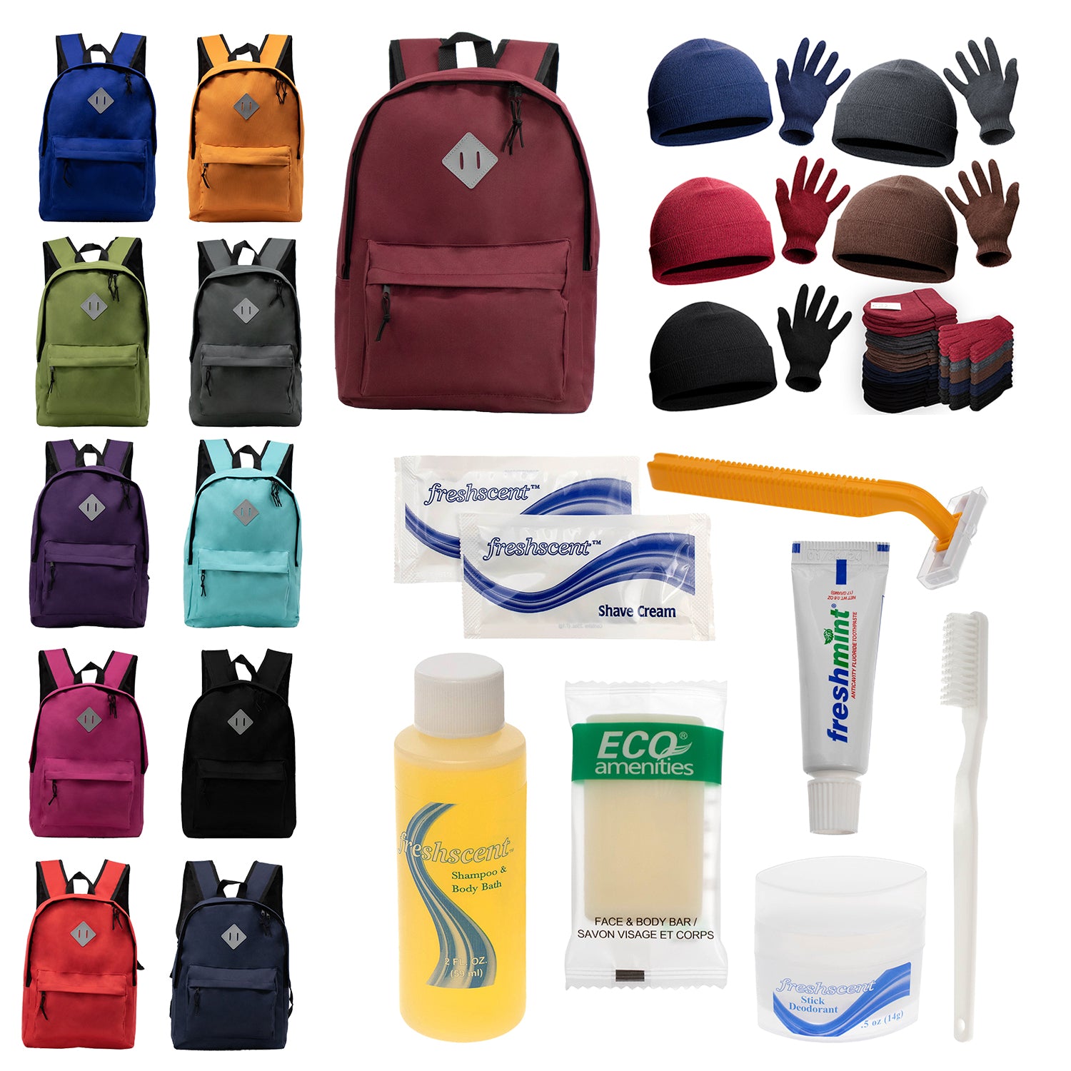 Bulk Case of 12 Backpacks and 12 Winter Item Sets and 12 Hygiene Kits - Wholesale Care Package - Emergencies, Homeless, Charity