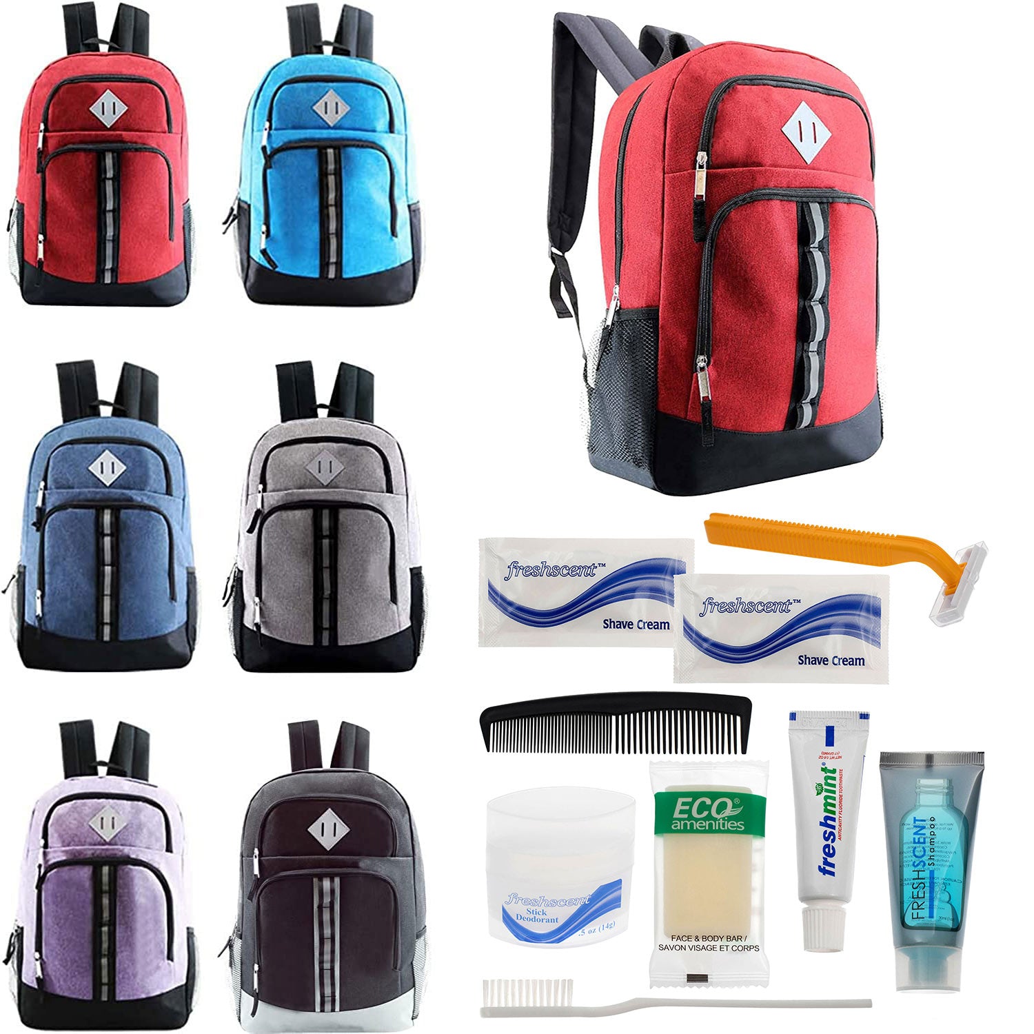 Bulk Case of 12 Backpacks and 12 Hygiene & Toiletries Kit - Wholesale Care Package - Disaster Relief Kit, Homeless, Charity