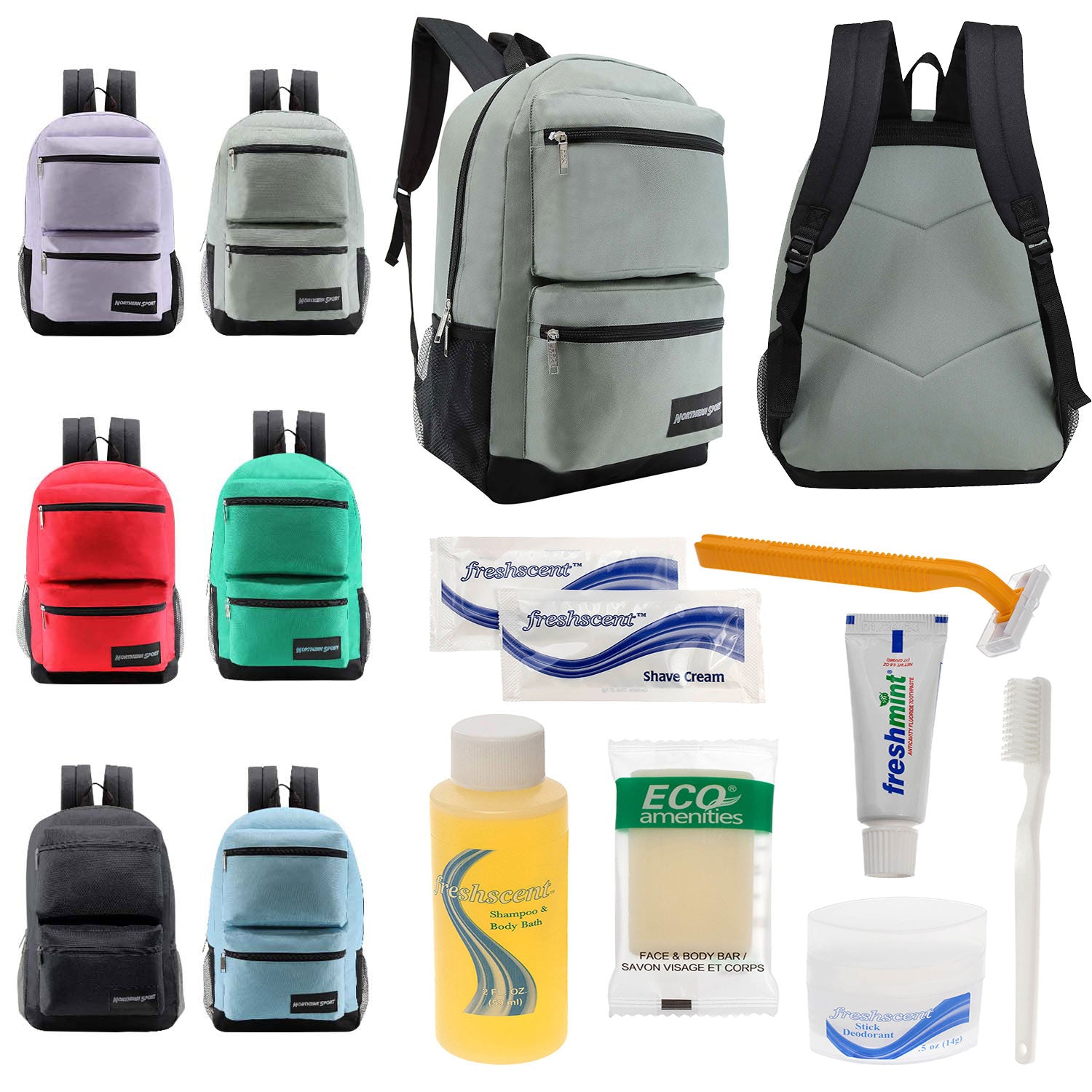 Bulk Case of 12 19" Backpacks and 12 Hygiene & Toiletries Kit - Wholesale Care Package - Disaster Relief Kit, Homeless, Charity