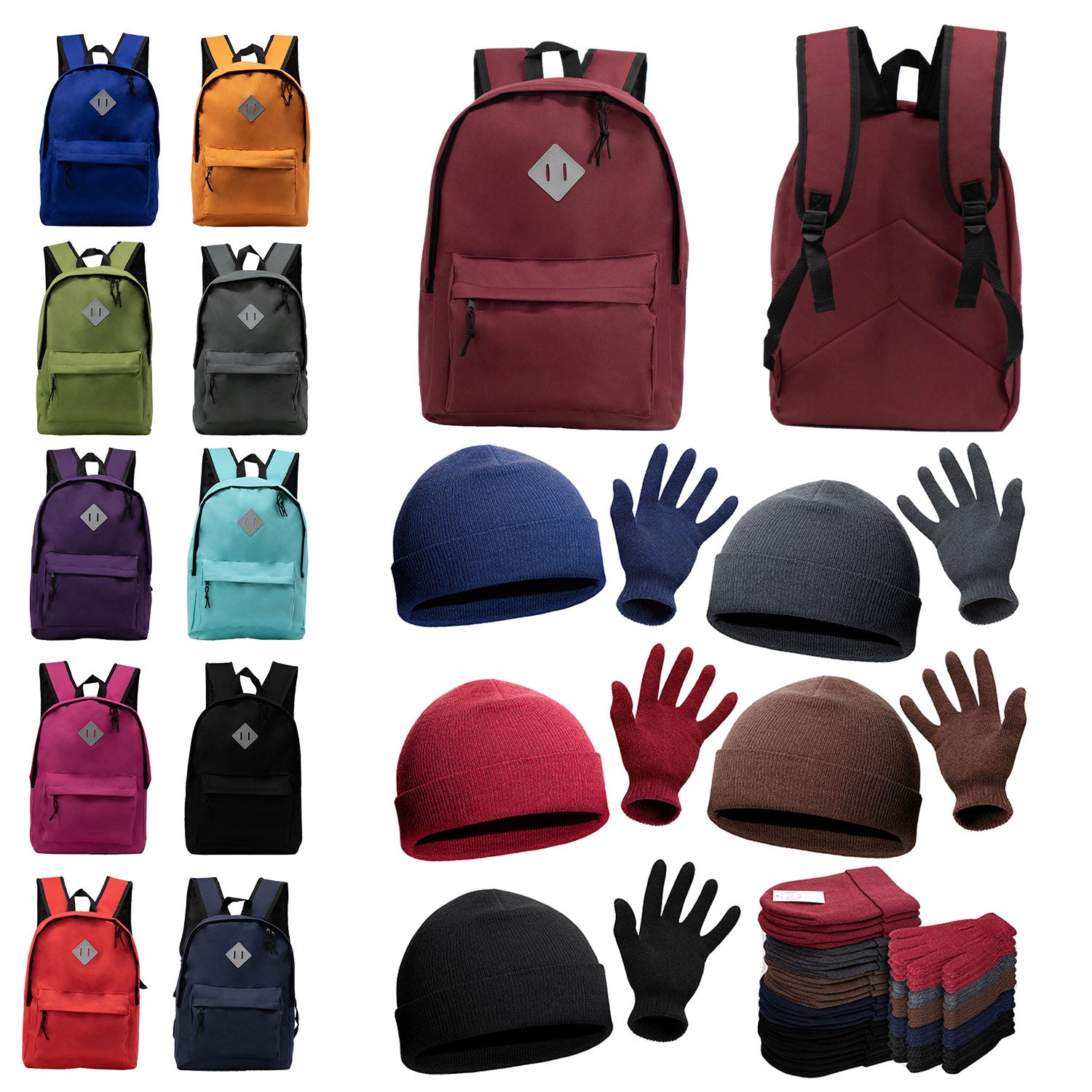 Bulk Case of 12 Backpacks and 12 Winter Item Sets - Wholesale Care Package - Emergencies, Homeless, Charity