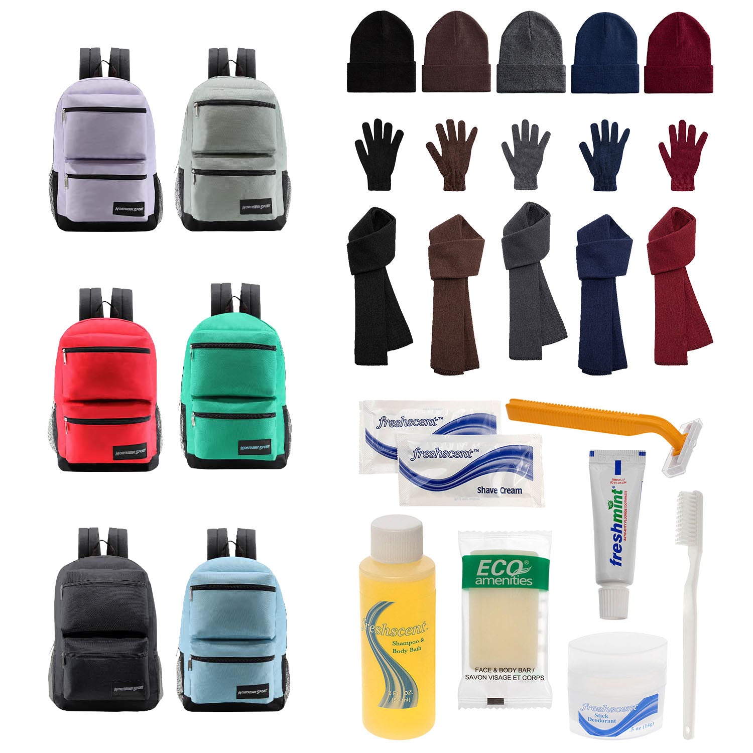 Bulk Case of 12 19" Backpacks and 12 Winter Item Sets and 12 Hygiene Kits - Wholesale Care Package - Emergencies, Homeless, Charity