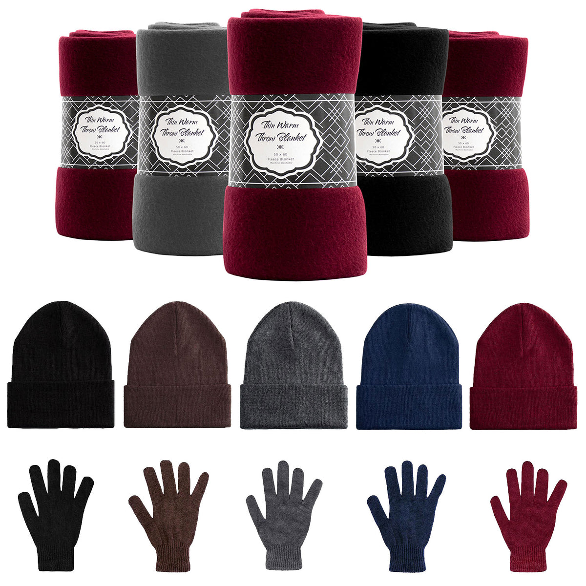 Homeless Care Package Supplies - Bulk Case of 12 Winter Throw Blankets, 12 Winter Sets