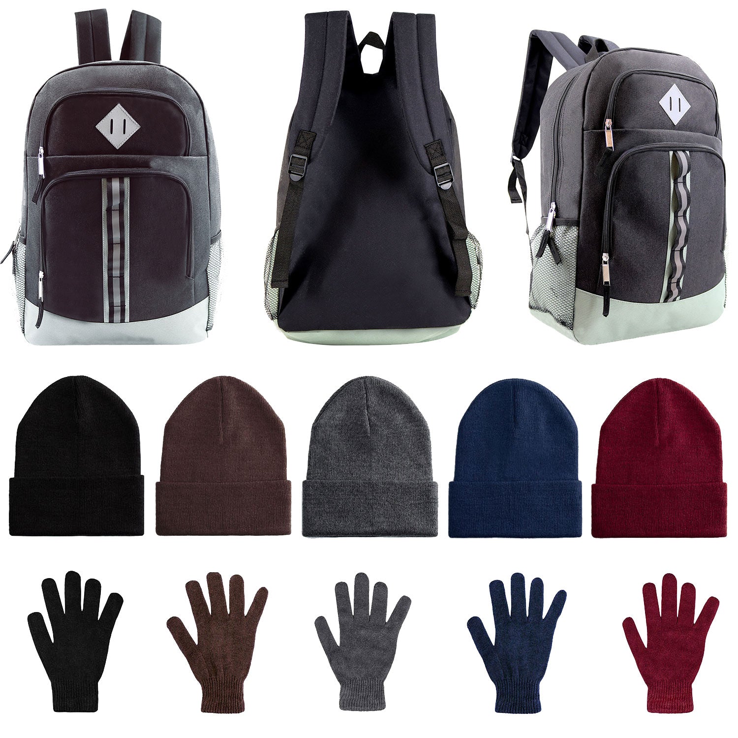 Bulk Case of 12 18" Black Backpacks and 12 Winter Gloves & Hats - Wholesale Care Package - Emergencies, Homeless, Charity