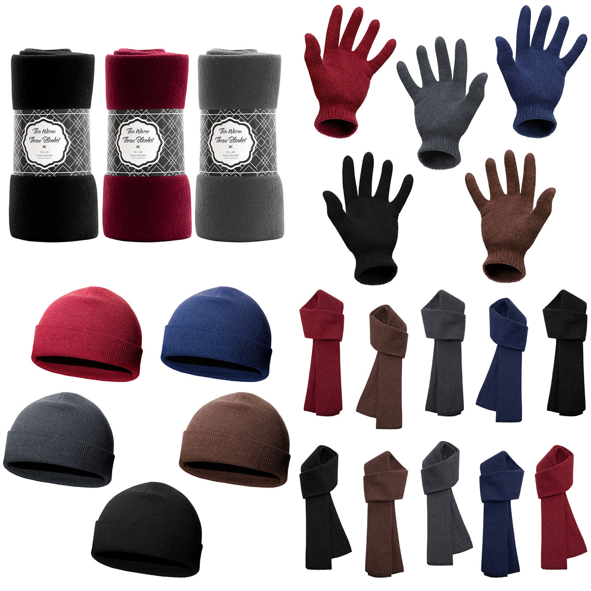 Homeless Care Package Supplies - Bulk Case of 12 Winter Throw Blankets, 12 Winter Sets