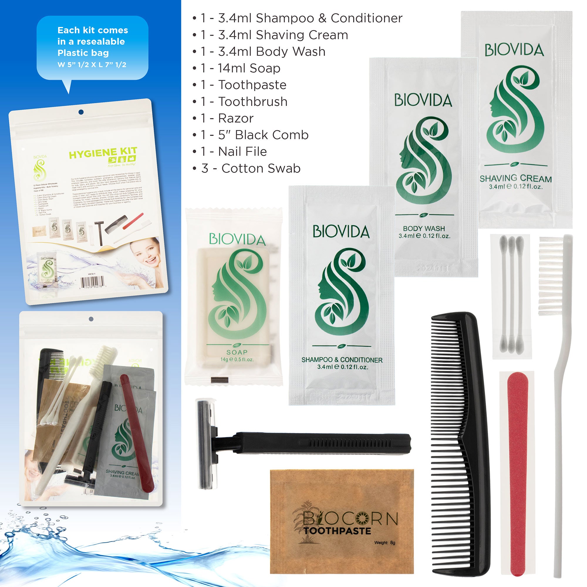 12 Piece Deluxe Wholesale Hygiene Kits - Bulk Toiletry Case of 96 Biovida Brand