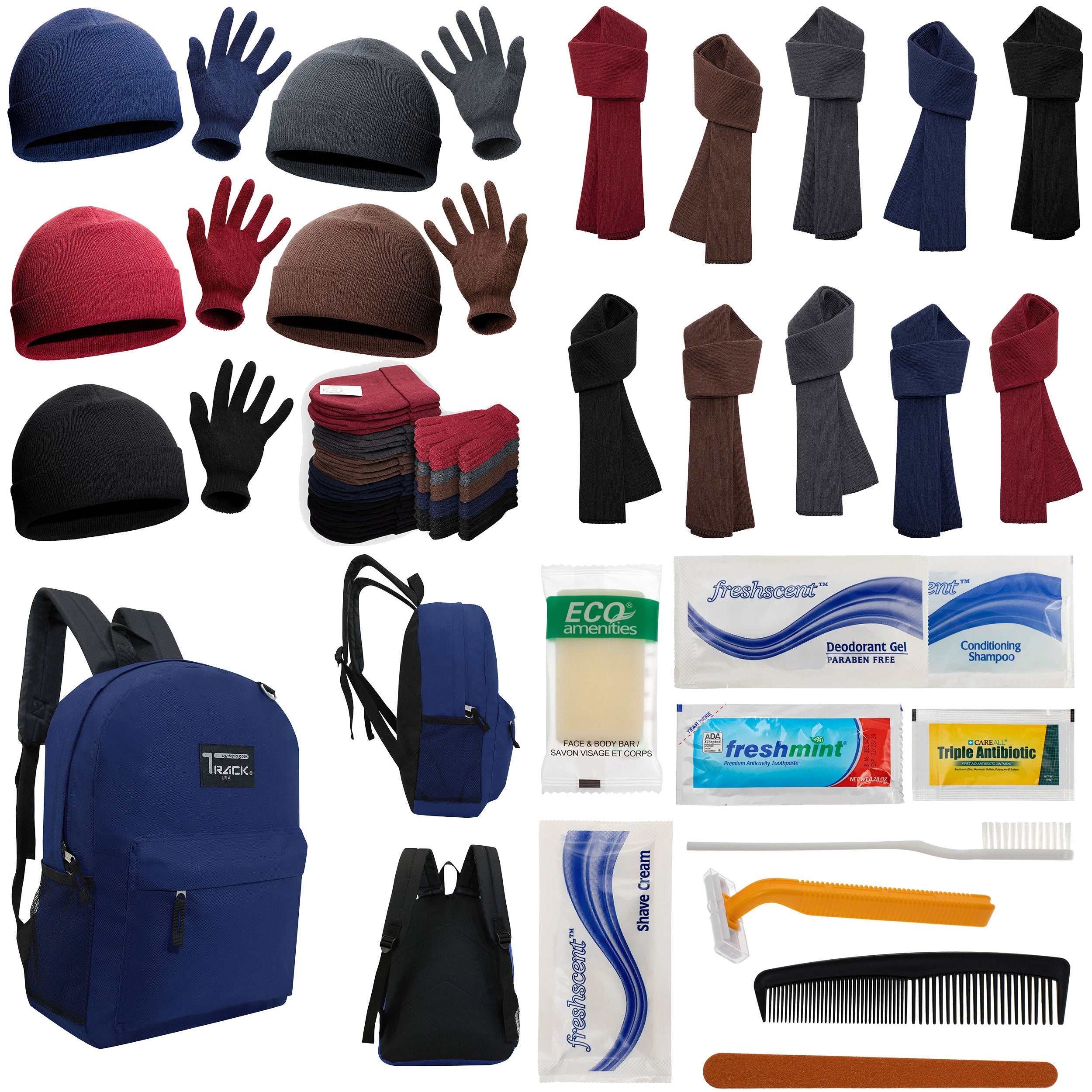 12 Navy Blue 17" Backpacks with 12 Winter Item Sets & Your Choice of 12 Bulk Hygiene Kits - Wholesale Homeless Care Package