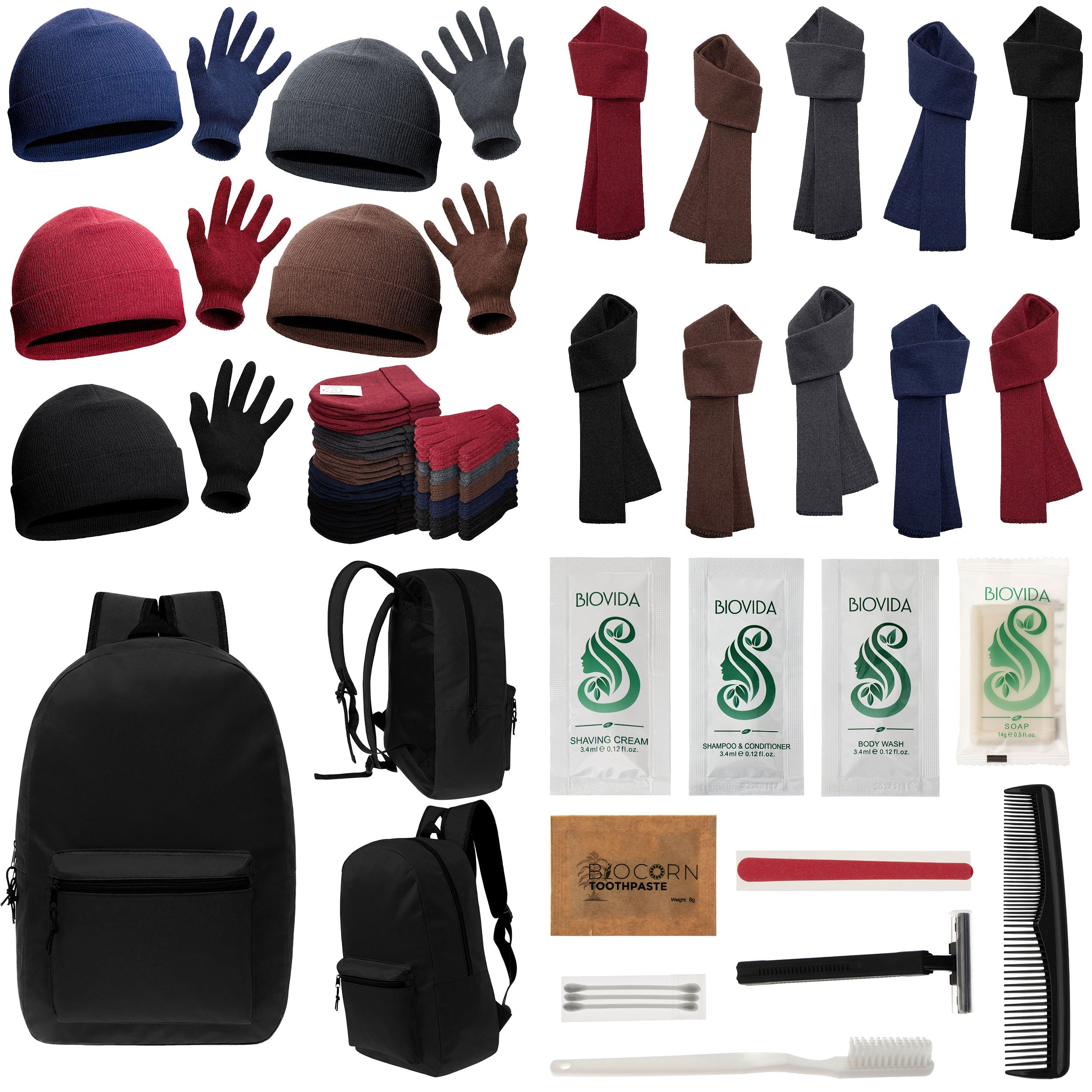 12 Basic Black 17" Backpacks with 12 Winter Item Sets & Your Choice of 12 Bulk Hygiene Kits - Wholesale Homeless Care Package