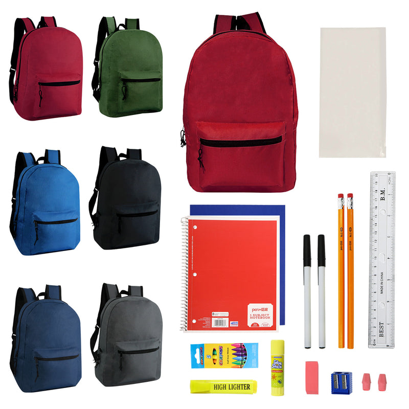 18 Piece Wholesale Basic School Supply Kit With 17" Backpack - Bulk Case of 12 Backpacks and Kits