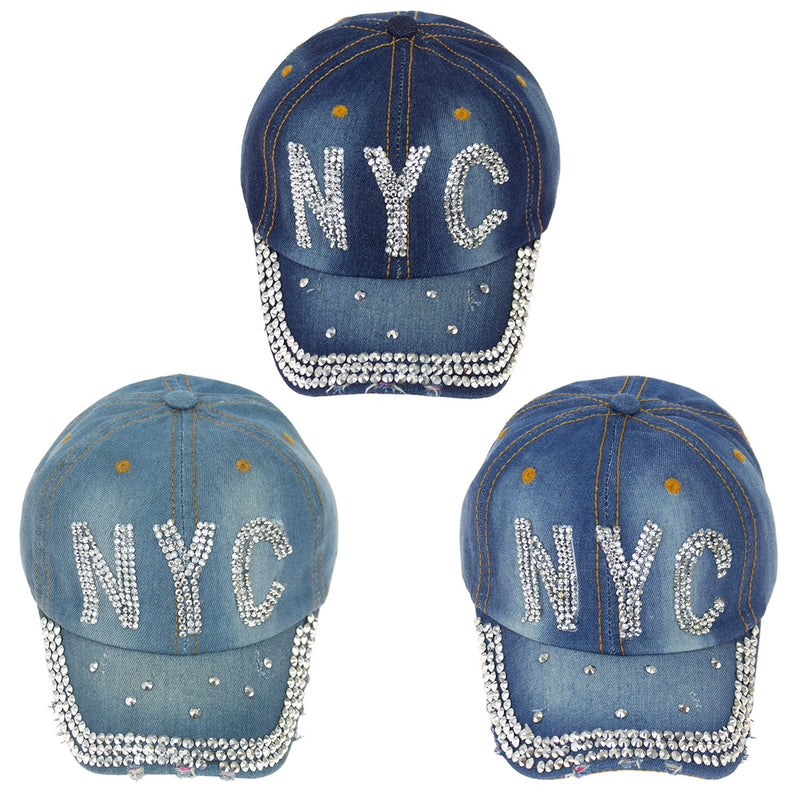 Wholesale NYC Jewel Rhinestone Half Bling Studs Baseball Cap Adjustable - Bulk Case of 24 Hats - 2094-7-24
