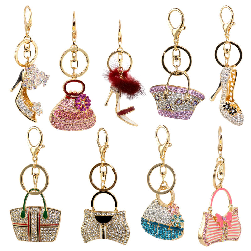 Wholesale Bling Key Chains in 9 Assorted Bags and Shoes Styles - Bulk Case of 48 - 51660-BAGSHOES-48