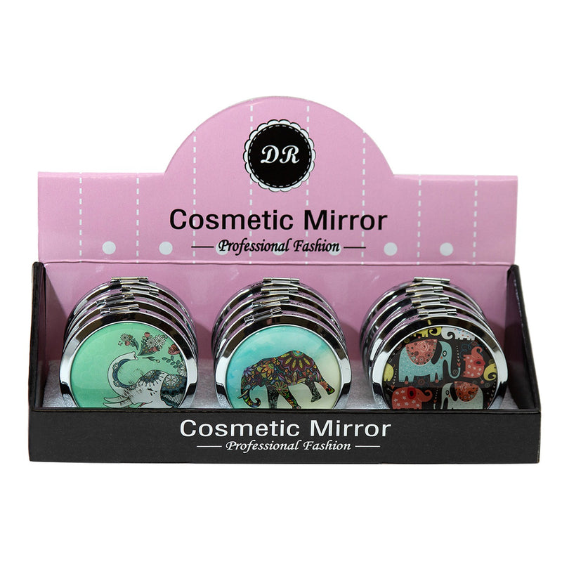 Wholesale Round Cosmetic Mirror in Assorted Elephant Prints - Bulk Case of 48 - 801-ELEPHANT-48