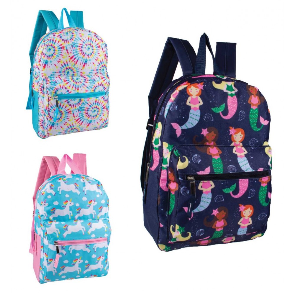 15" Fun Print Girls Bulk Backpacks in 3 Assorted Styles - Wholesale Case of 24 Bookbags