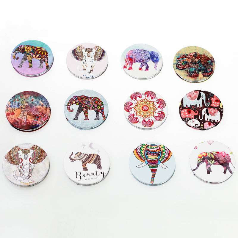 Round Cosmetic Bulk Mirrors in Assorted Elephant Prints - Bulk Case of 48 - 803-ELEPHANT-48