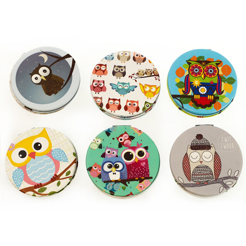Round Cosmetic Bulk Mirrors in Assorted Owl Prints - Wholesale Case of 48 - 803-OWL-48
