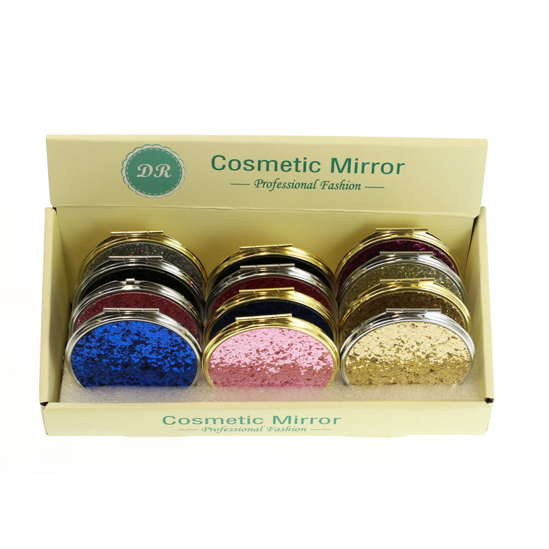 Round Cosmetic Bulk Mirrors in Assorted Sparkle Colors - Wholesale Case of 48 - 803-SPARKLE-48