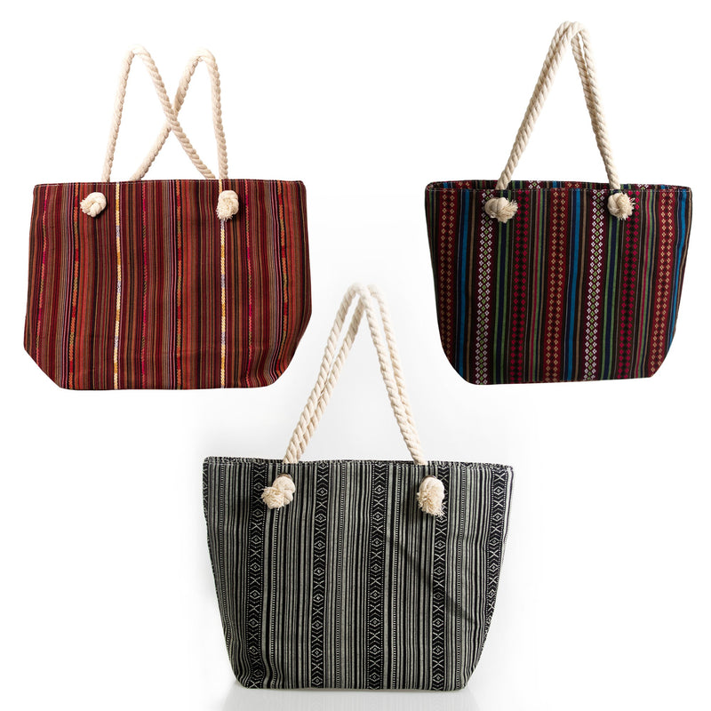 Large Rope Handle Jute Tapestry Bulk Tote Bags in 3 Assorted Styles - Wholesale case of 24 - 334-24