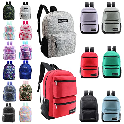 24 Pack of 17" Premium and Classic Style Wholesale Backpack in Assorted Colors and Prints - Bulk Case of 24