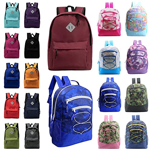 24 Pack of 17" Bungee and Reflective Wholesale Backpack in Assorted Colors and Prints - Bulk Case of 24