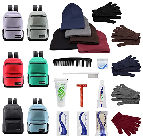 Bulk Case of 12 Backpacks and 12 Winter Item Sets and 12 Hygiene Kits - Wholesale Care Package - Emergencies, Homeless, Charity